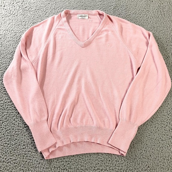 Vintage Christian Dior Sweater Mens Large Pink V Neck Pullover Knit USA 80s - Picture 1 of 7